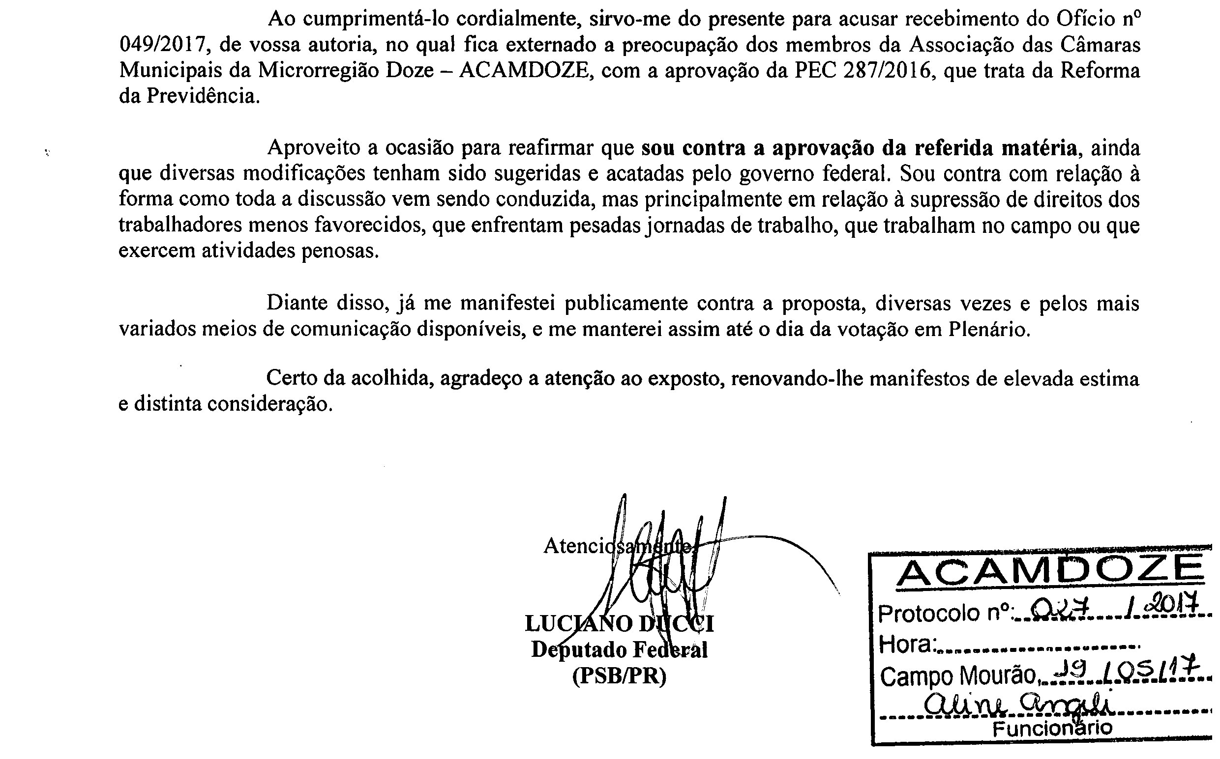 Em resposta a Acamdoze, deputado federal se posiciona contra reforma previdenciÃ¡ria 